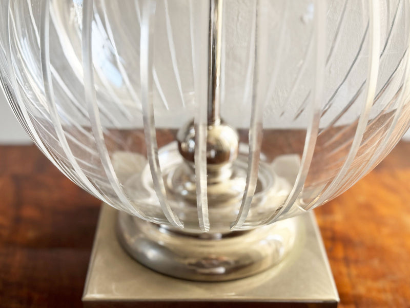 A Pair of 1980's Etched glass and Nickel Table Lamps