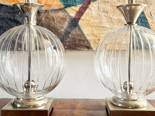 A Pair of 1980's Etched glass and Nickel Table Lamps