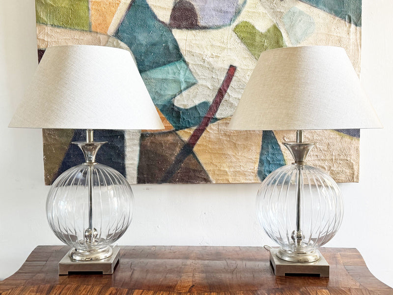 A Pair of 1980's Etched glass and Nickel Table Lamps