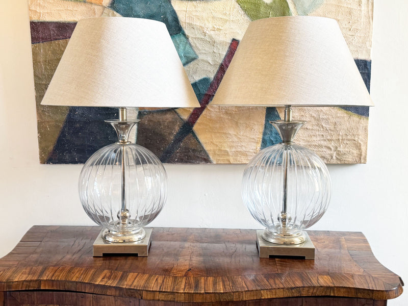 A Pair of 1980's Etched glass and Nickel Table Lamps