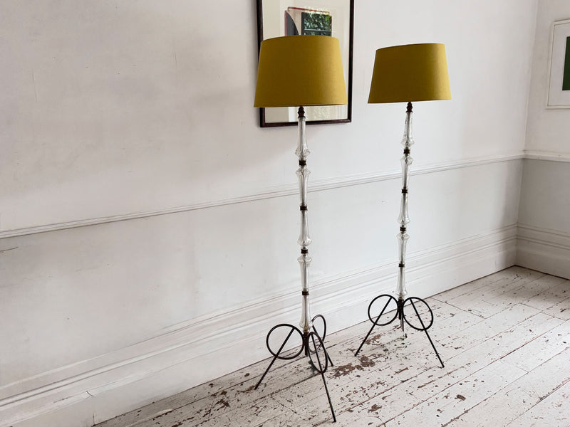 A Pair of 1950's French Glass & Brass Standing Lamps