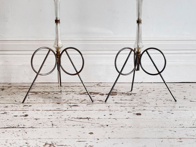 A Pair of 1950's French Glass & Brass Standing Lamps