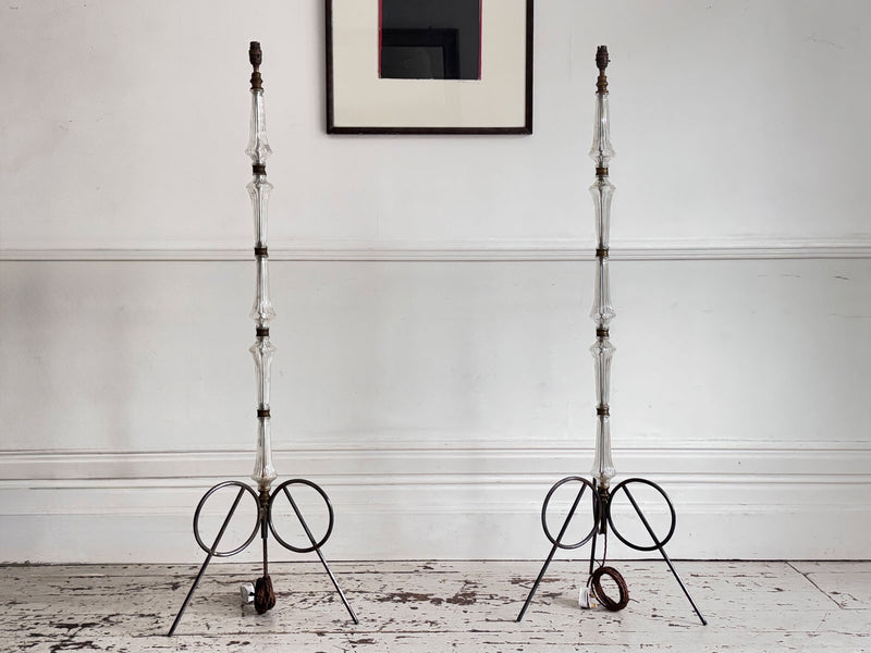 A Pair of 1950's French Glass & Brass Standing Lamps