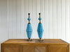 A Rare Pair of Manises Turquoise Ceramic & Bronze Table Lights