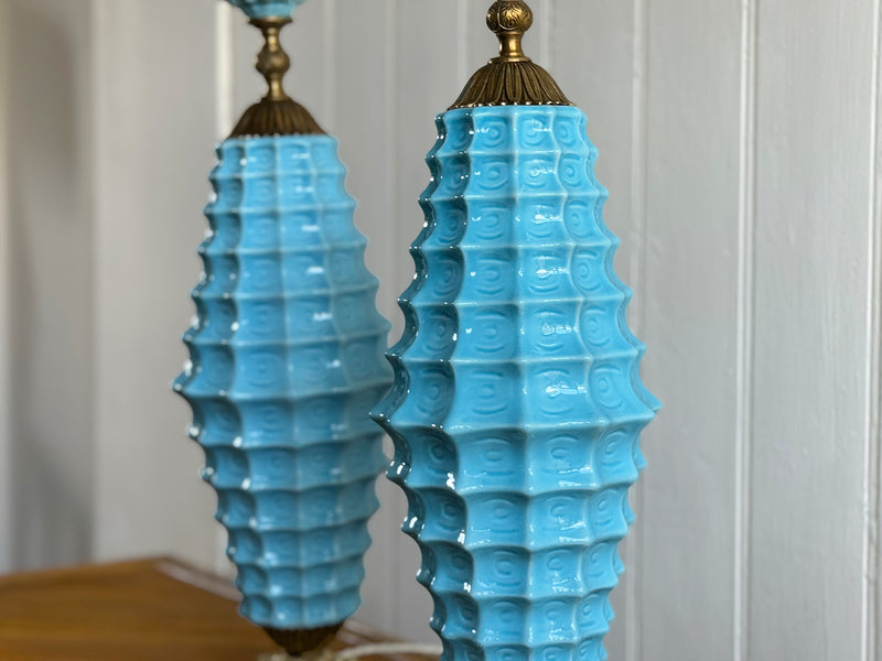A Rare Pair of Manises Turquoise Ceramic & Bronze Table Lights