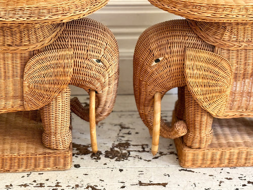 A Pair of 1970's Rattan Elephant Side Tables