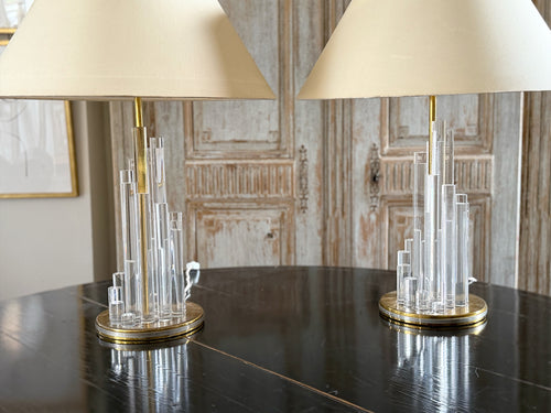 A Pair of 1970's Italian Perspex and Brass Plated Table Lamps