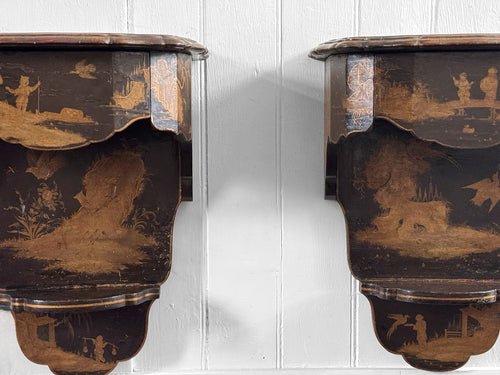 A Pair of 19th C Venetian Chinoiserie Lacquered Wall Mounts with Drawer
