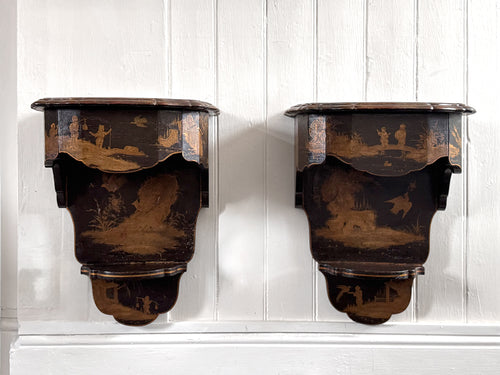 A Pair of 19th C Venetian Chinoiserie Lacquered Wall Mounts with Drawer
