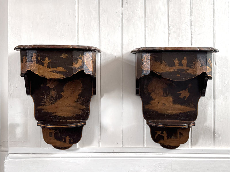 A Pair of 19th C Venetian Chinoiserie Lacquered Wall Mounts with Drawer