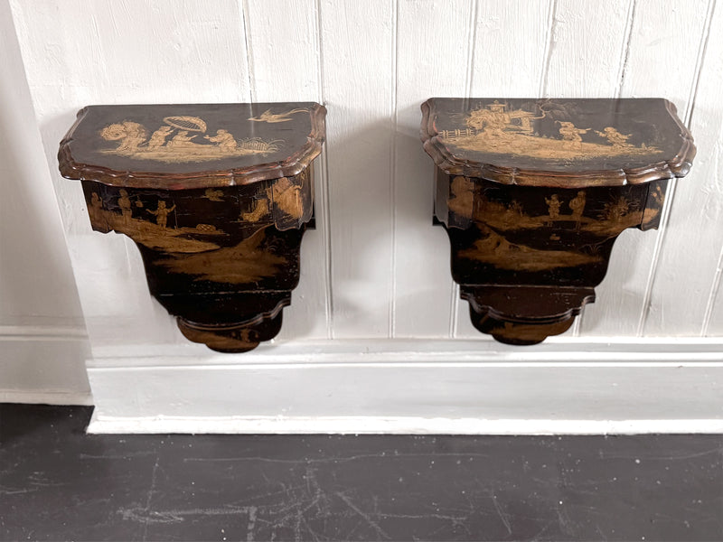 A Pair of 19th C Venetian Chinoiserie Lacquered Wall Mounts with Drawer