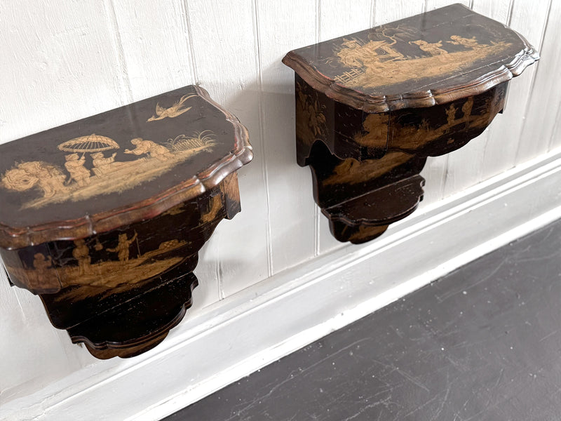 A Pair of 19th C Venetian Chinoiserie Lacquered Wall Mounts with Drawer