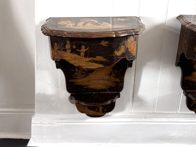 A Pair of 19th C Venetian Chinoiserie Lacquered Wall Mounts with Drawer