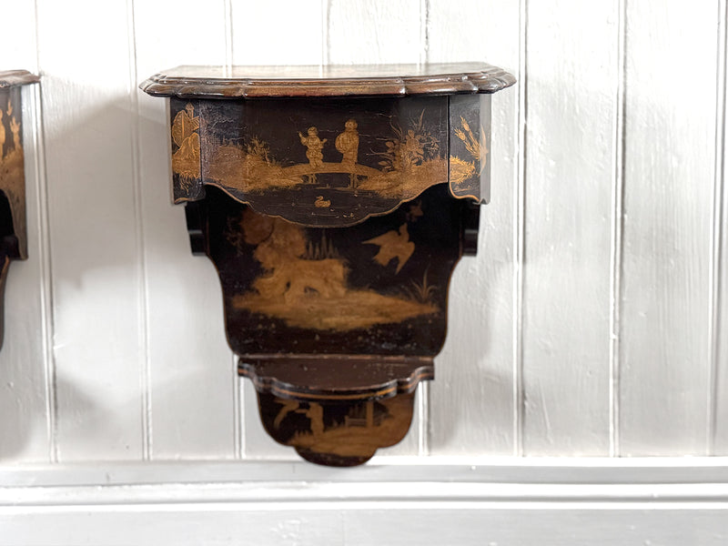 A Pair of 19th C Venetian Chinoiserie Lacquered Wall Mounts with Drawer