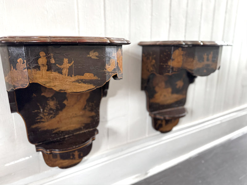 A Pair of 19th C Venetian Chinoiserie Lacquered Wall Mounts with Drawer