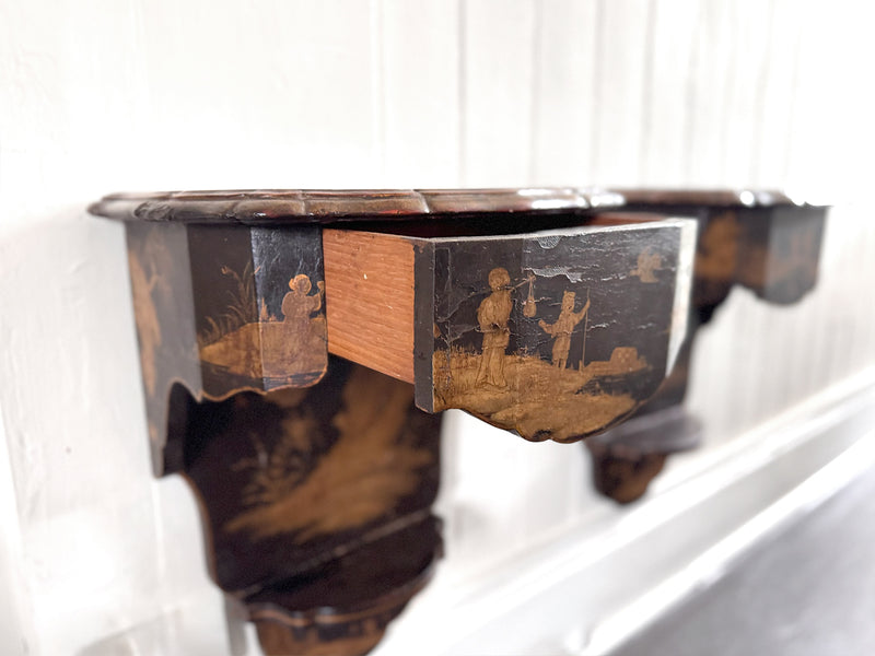 A Pair of 19th C Venetian Chinoiserie Lacquered Wall Mounts with Drawer