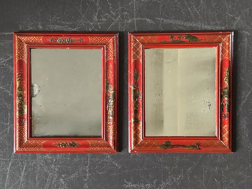 A Small Pair of 1950's Red Chinoiserie Mirrors