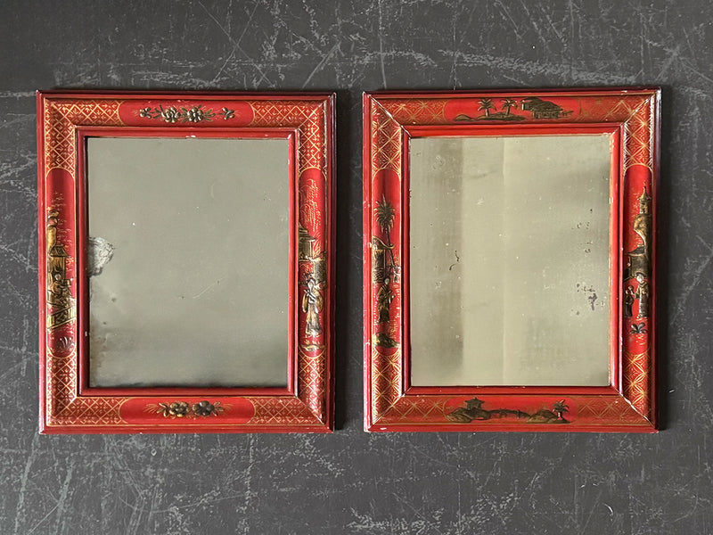 A Small Pair of 1950's Red Chinoiserie Mirrors