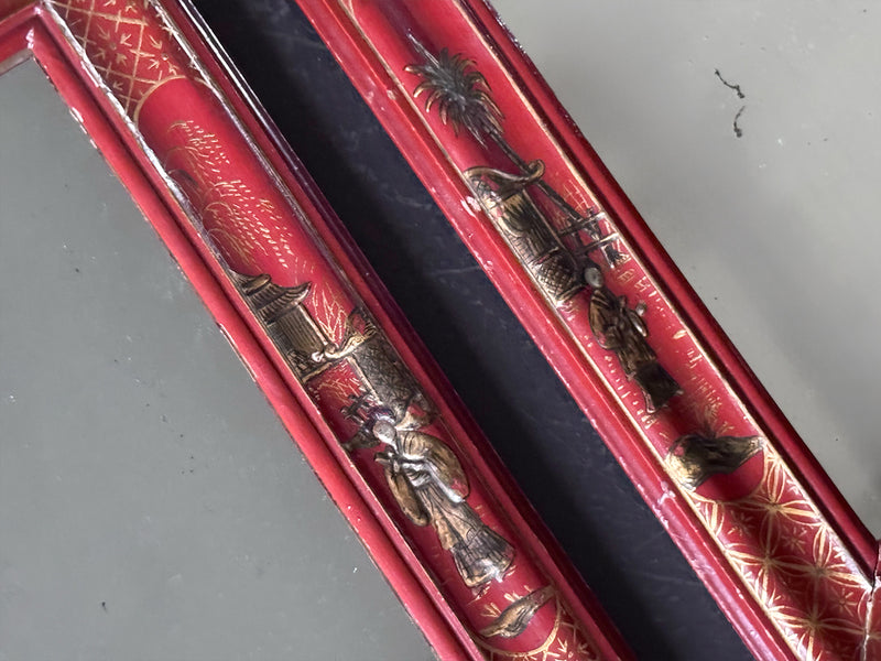 A Small Pair of 1950's Red Chinoiserie Mirrors