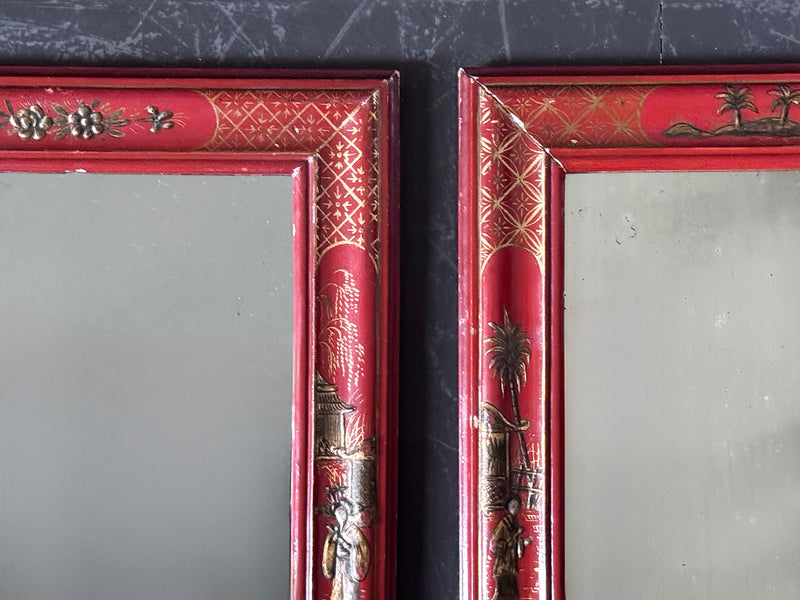 A Small Pair of 1950's Red Chinoiserie Mirrors