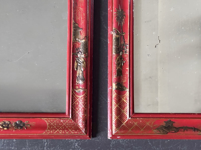 A Small Pair of 1950's Red Chinoiserie Mirrors