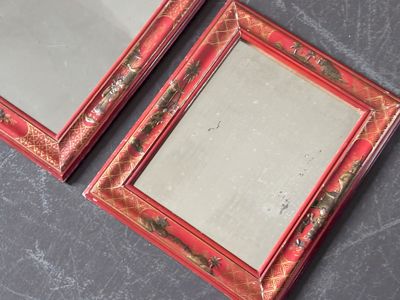 A Small Pair of 1950's Red Chinoiserie Mirrors