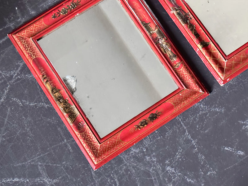 A Small Pair of 1950's Red Chinoiserie Mirrors