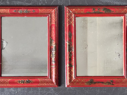 A Small Pair of 1950's Red Chinoiserie Mirrors