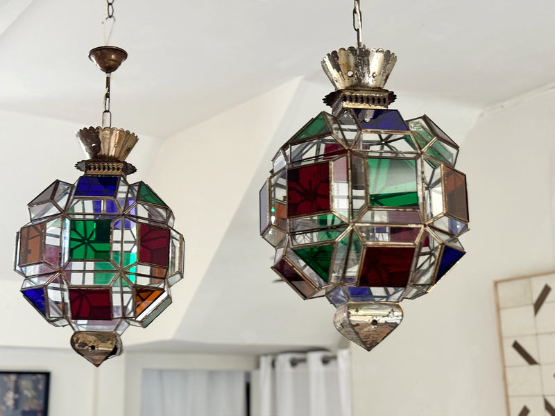 A Pair of Vintage Spanish Coloured Glass Lanterns