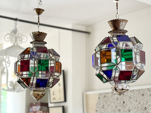 A Pair of Vintage Spanish Coloured Glass Lanterns