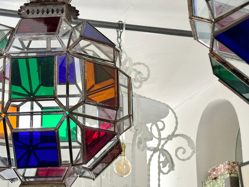 A Pair of Vintage Spanish Coloured Glass Lanterns