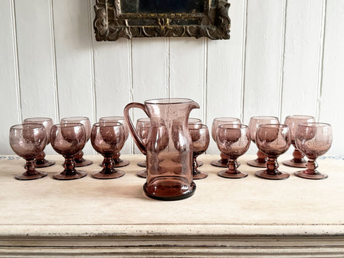 A Large Set of 1960's Biot Dark Pink Glasses & Bowl