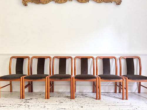 A Set of 6 1960's Danish Dining Chairs in Dark Brown Velvet by Boltinge