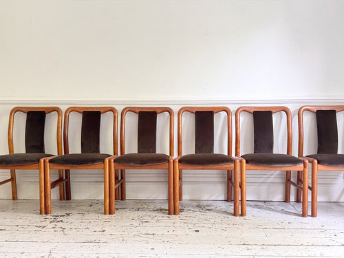 A Set of 6 1960's Danish Dining Chairs in Dark Brown Velvet by Boltinge