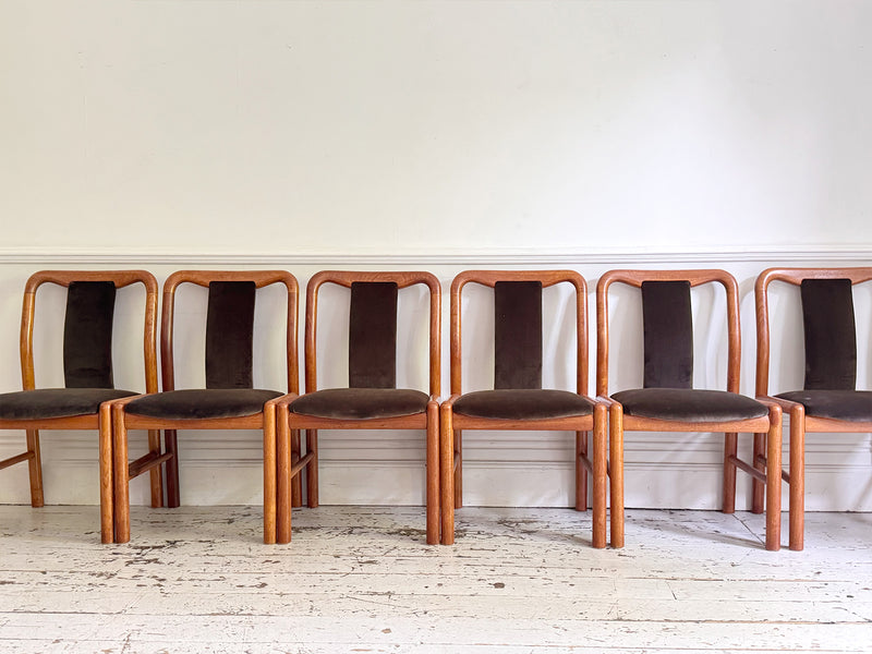 A Set of 6 1960's Danish Dining Chairs in Dark Brown Velvet by Boltinge