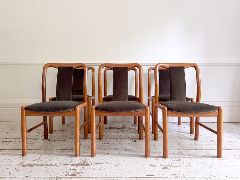 A Set of 6 1960's Danish Dining Chairs in Dark Brown Velvet by Boltinge