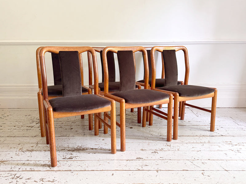 A Set of 6 1960's Danish Dining Chairs in Dark Brown Velvet by Boltinge