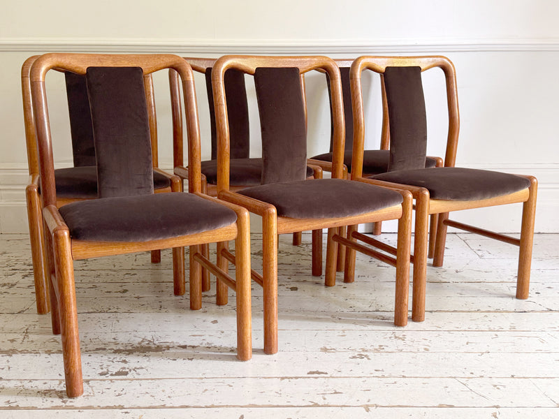 A Set of 6 1960's Danish Dining Chairs in Dark Brown Velvet by Boltinge