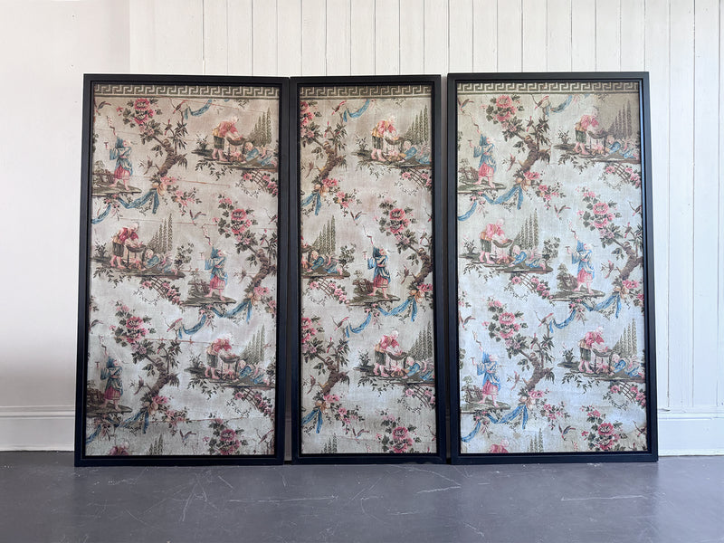 A Triptych of 18th C Chinoiserie Block Printed, Hand Painted Canvas Wall Coverings 