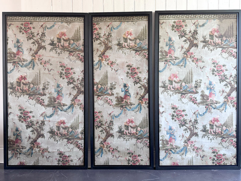 A Triptych of 18th C Chinoiserie Block Printed, Hand Painted Canvas Wall Coverings 