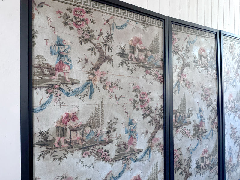 A Triptych of 18th C Chinoiserie Block Printed, Hand Painted Canvas Wall Coverings 