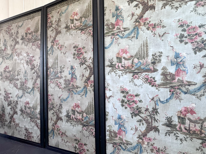 A Triptych of 18th C Chinoiserie Block Printed, Hand Painted Canvas Wall Coverings 