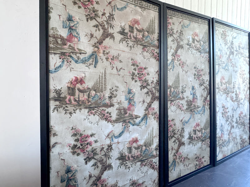 A Triptych of 18th C Chinoiserie Block Printed, Hand Painted Canvas Wall Coverings 