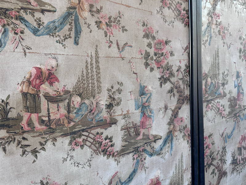 A Triptych of 18th C Chinoiserie Block Printed, Hand Painted Canvas Wall Coverings 