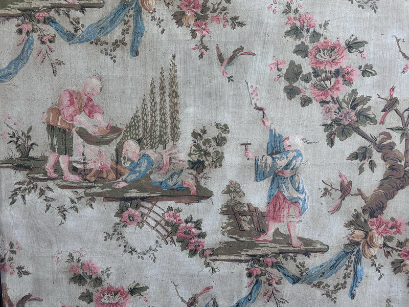 A Triptych of 18th C Chinoiserie Block Printed, Hand Painted Canvas Wall Coverings 