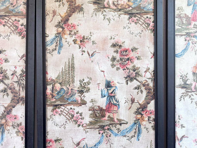 A Triptych of 18th C Chinoiserie Block Printed, Hand Painted Canvas Wall Coverings