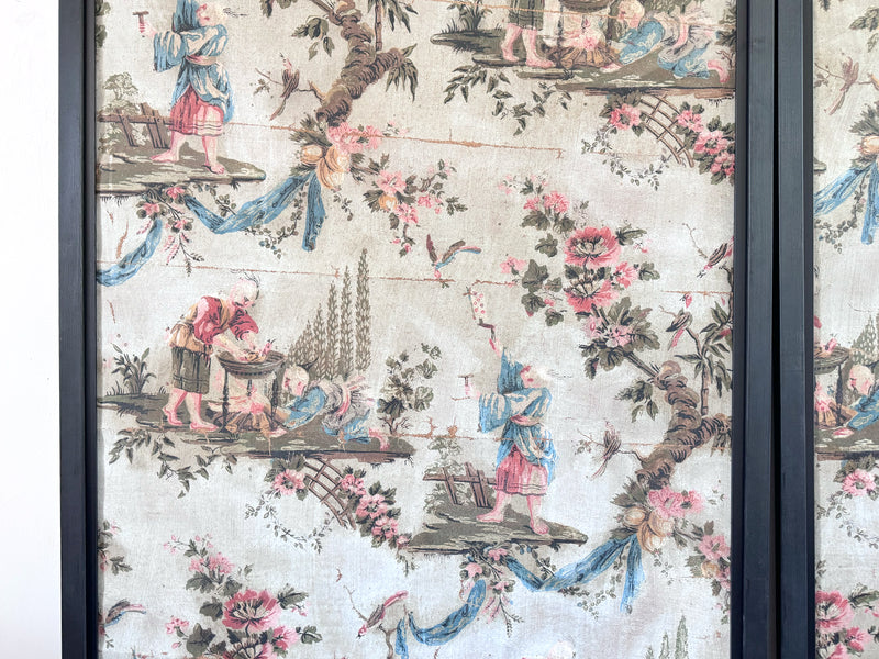 A Triptych of 18th C Chinoiserie Block Printed, Hand Painted Canvas Wall Coverings