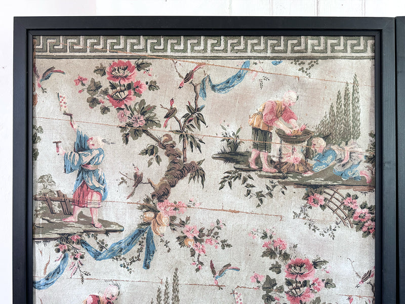 A Triptych of 18th C Chinoiserie Block Printed, Hand Painted Canvas Wall Coverings