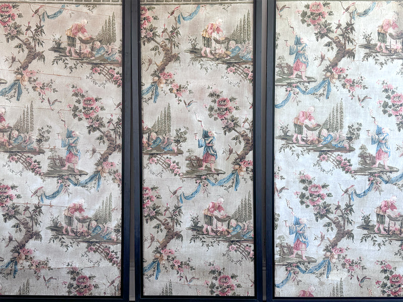 A Triptych of 18th C Chinoiserie Block Printed, Hand Painted Canvas Wall Coverings