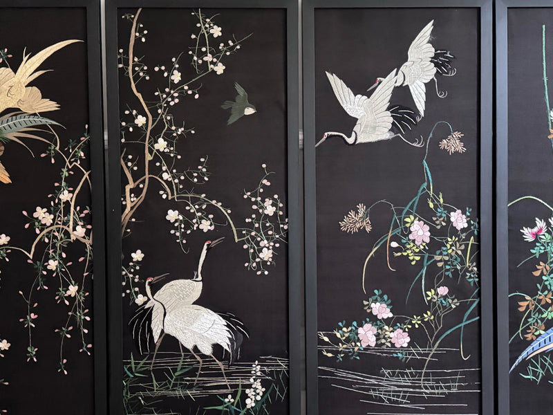 A Set of Four 1930's Embroidered Japanese Silk Panels